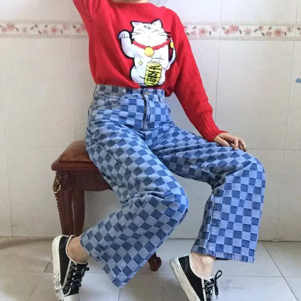 Корейская уличная одежда размера плюс в контрастную клетку джинсовые прямые