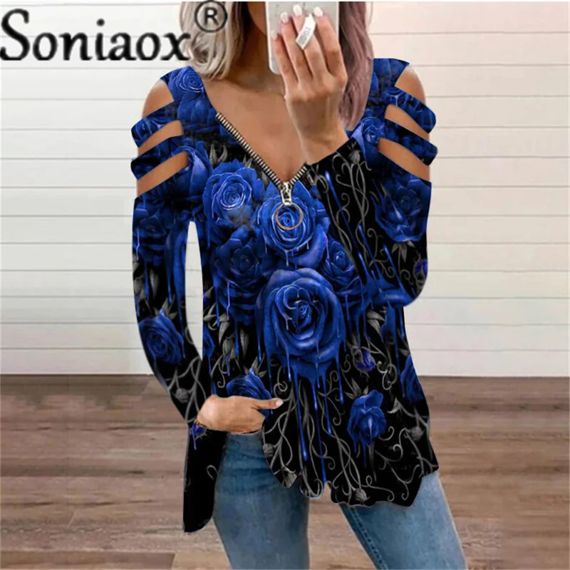 

Autumn Women's Long-Sleeve Hollow Out V-Neck Zipper Top Loose Casual Rose Printing T-Shirt Fashion Trend T-Shirt Shirt Plus Size