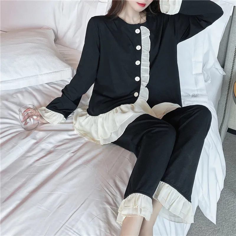 

Korean Autumn Pajamas Set Women Single Breasted Shirts + Trousers Set Two Piece Home Suit Sweet Cotton Sleepwear Home Clothes