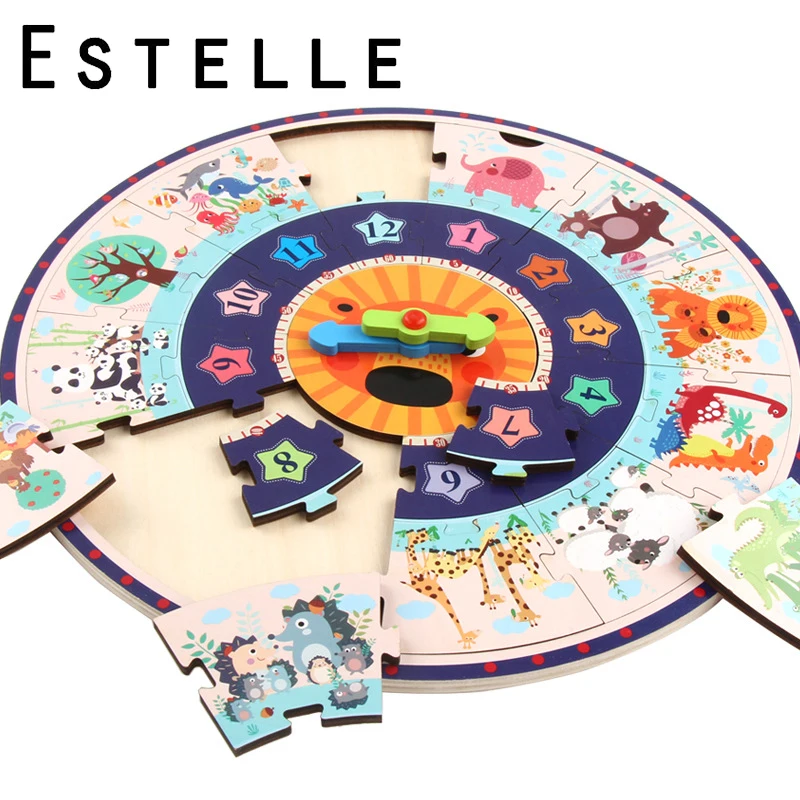 2 в 1 деревянный пазл Часы-пазл для детей Монтессори раннее образование время
