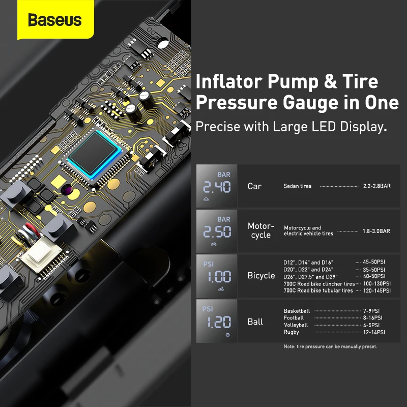 Baseus автомобильный насос 12V умный электрический воздушный 150 PSI светодиодный