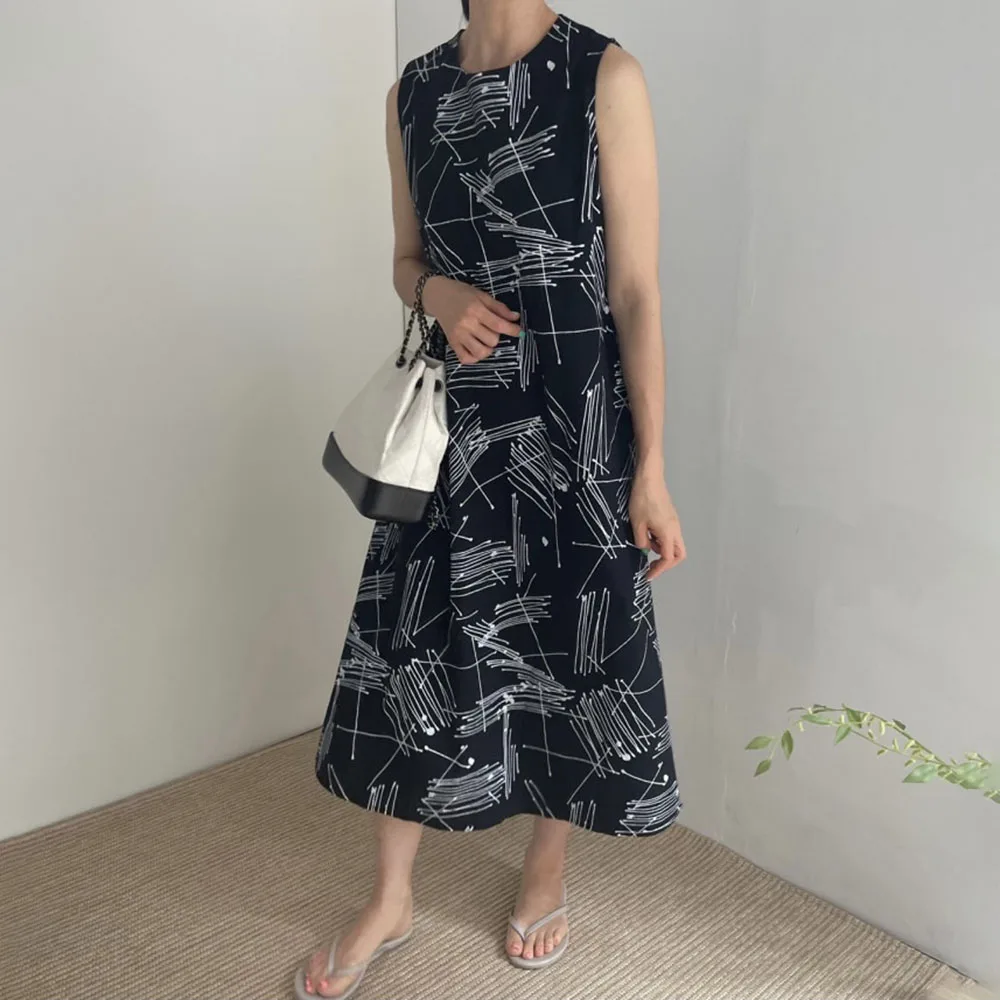 

Chic Elegant Vintage Sleeveless OL Dress O-neck Mid-Calf Patchwork Print Casual 2021 Summer Fashion Female Loose Part Dresses