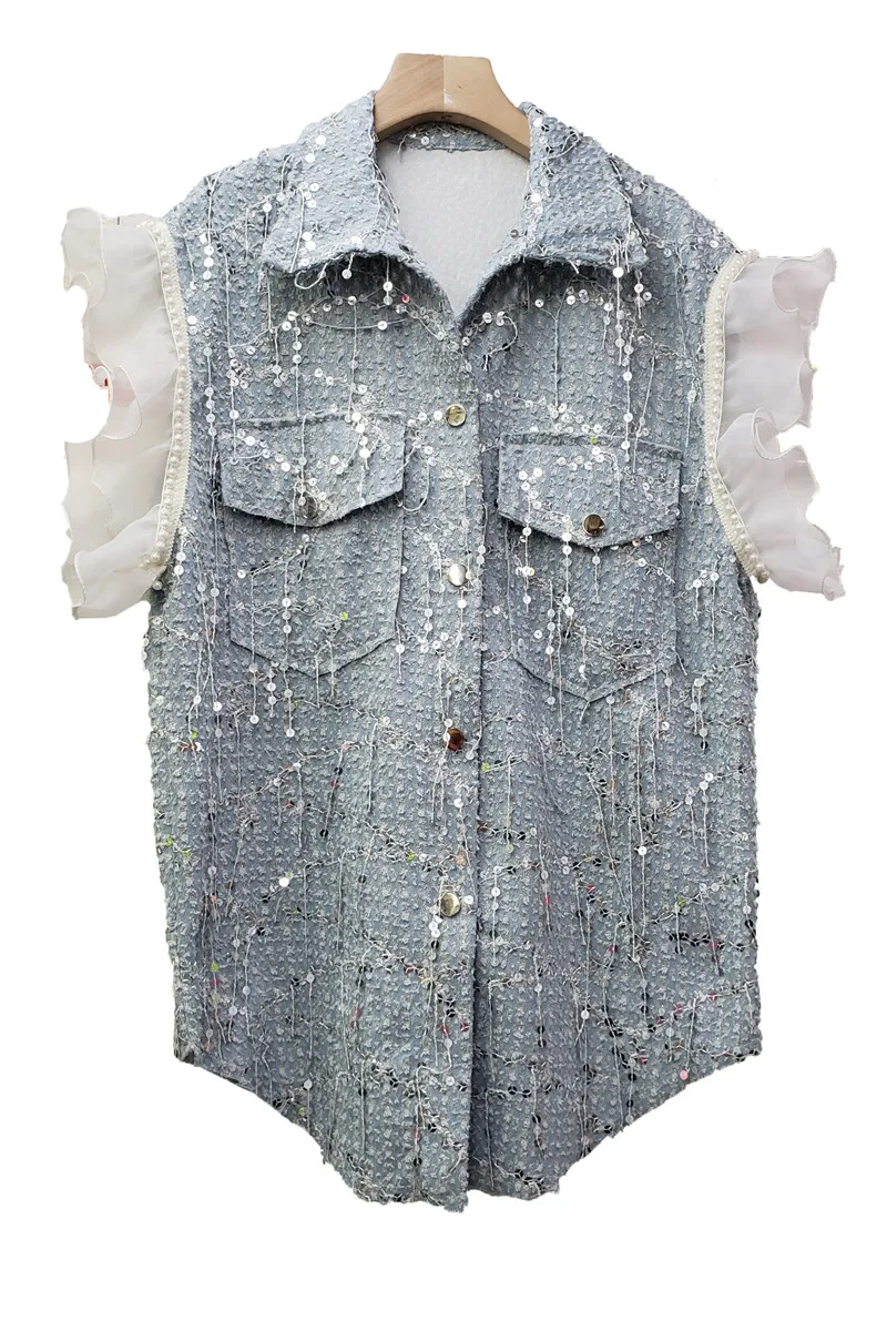 

2021 Summer New Sequins Beading White Lace Ruffled Casual Sleeveless Vest Women Turn-down Collar Blue Denim Top
