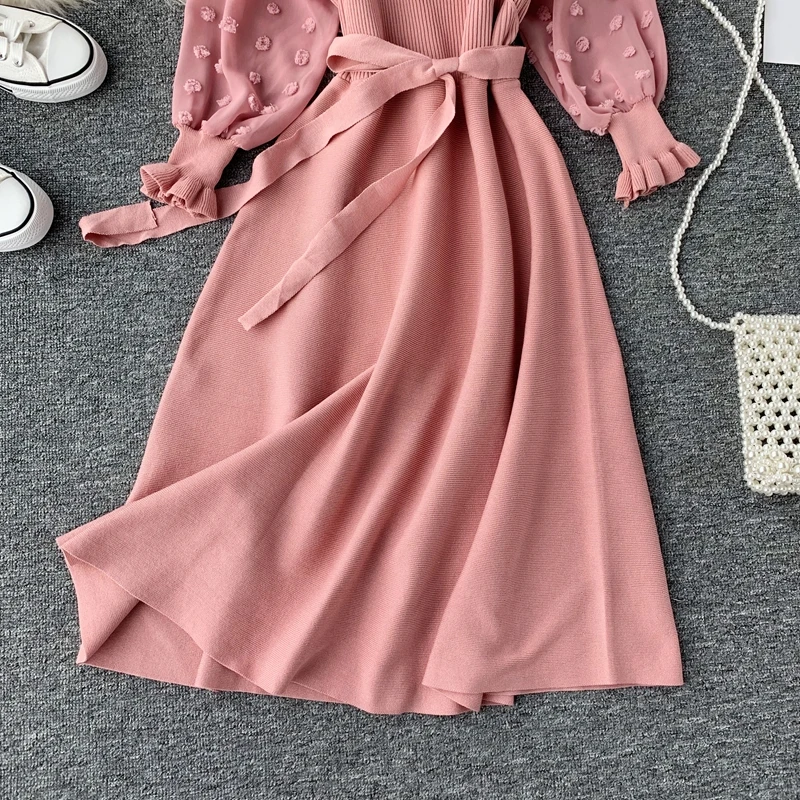 Женское трикотажное платье свитер элегантное шифоновое облегающее с длинным