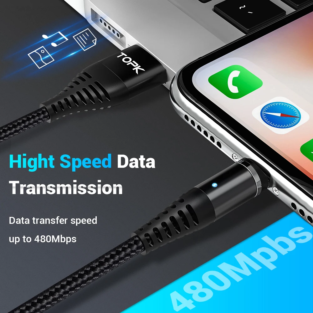 Магнитный usb-кабель TOPK для быстрой зарядки, кабель usb type-C, магнитный кабель для зарядки и передачи данных, кабель Micro usb 3A для iPhone, samsung, Xiaomi