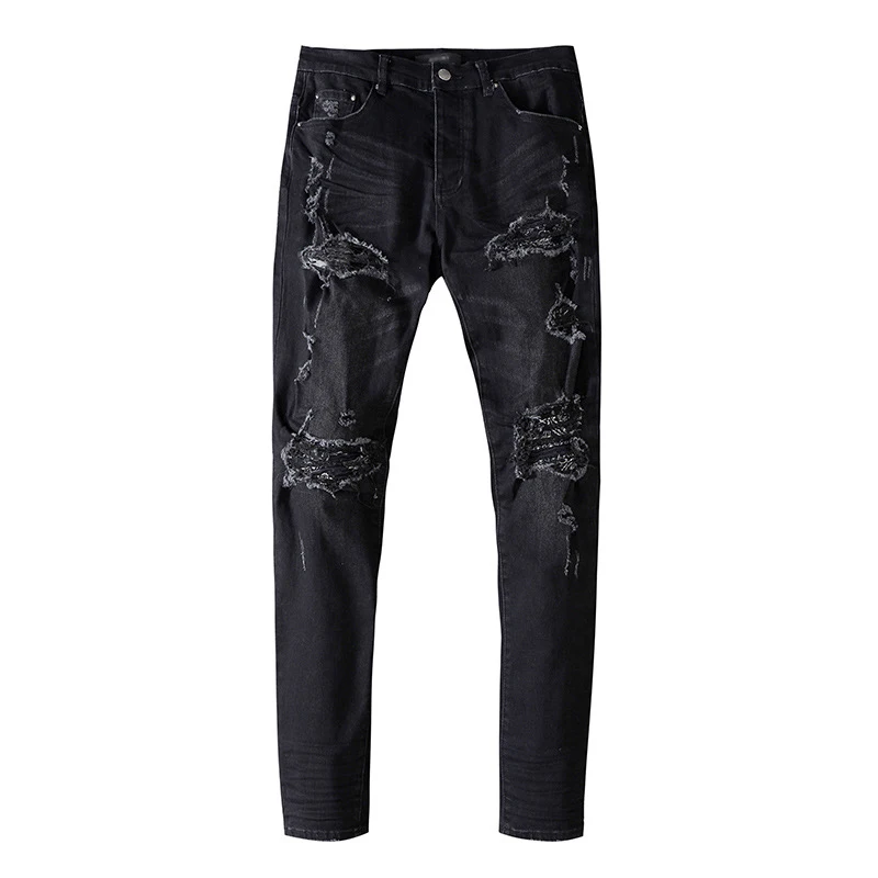 

Men's Jeans fashion male design New style black cut ripped jeans black holes men's pattern patch stretch slim fit denim pants