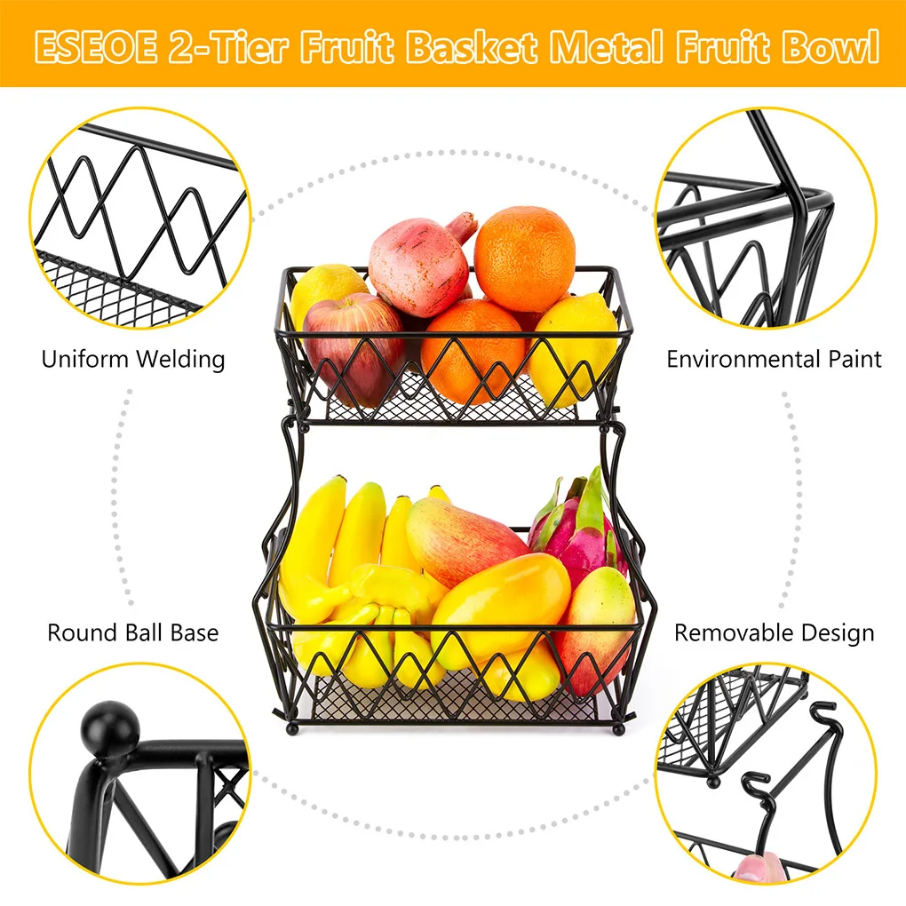 

Fruit Basket Double Picnic Basket Kitchen Storage ORGANIZER Bread Box Household Vegetable Stand Portable Removable Fruit Storage