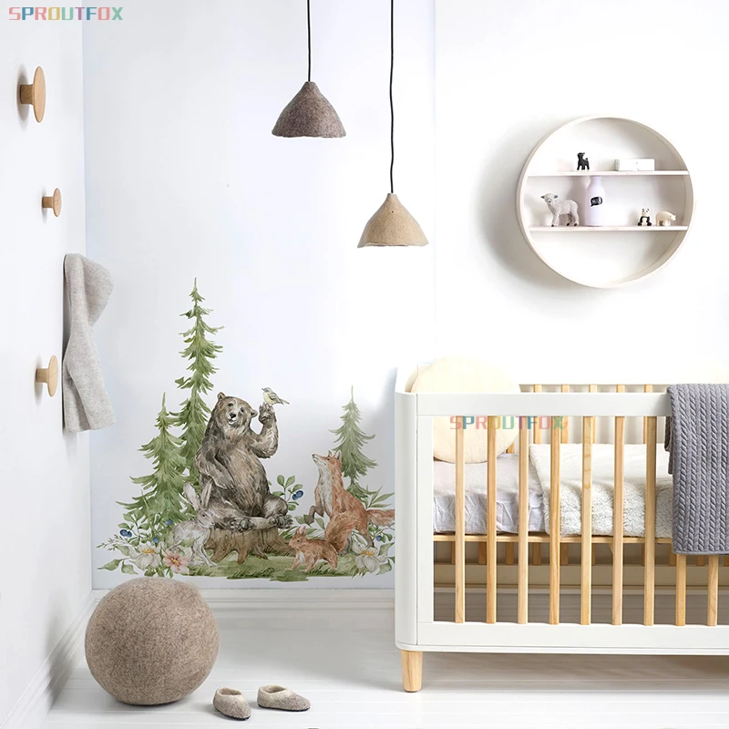 Скандинавский мультфильм Медведь Лиса Наклейка на стену Treen Зеленый Лес Животные