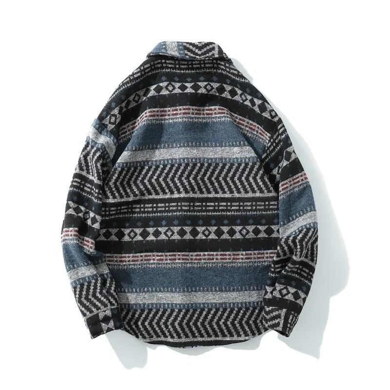 Мужская рубашка с начесом свободная теплая Повседневная в полоску фольклорном