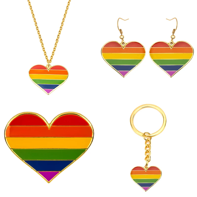 Pendientes de arcoíris con forma de corazón para hombre y mujer, aretes LGBT, collar de Orgullo Gay, conjunto de insignia de anillo de arcoíris, joyería para amantes, regalo