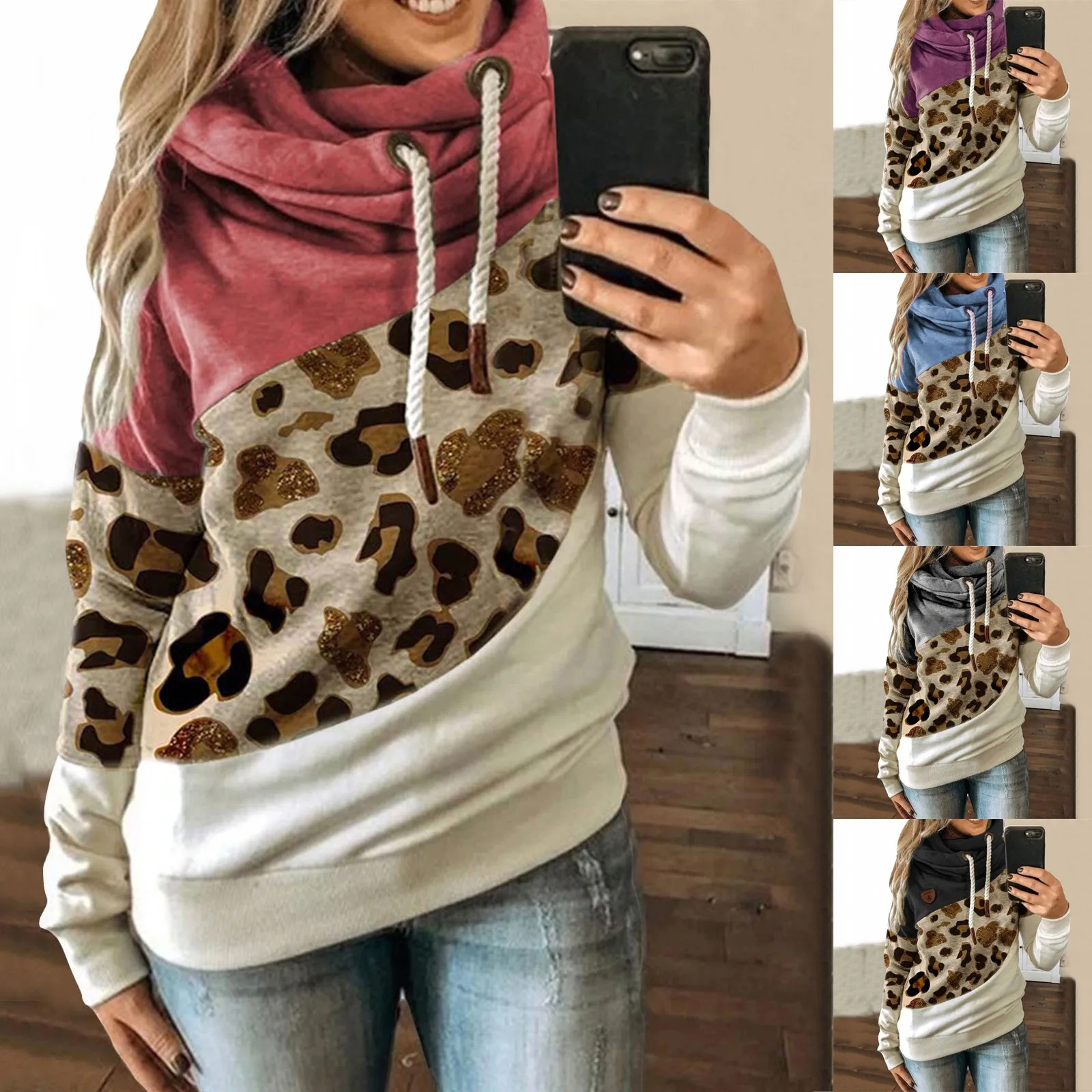 

Fashion Leopard Print Patchwork Hoodies Women Winter Warm Turtleneck Pullover Top Casual Oversized Female Sweatshirt Streetwear