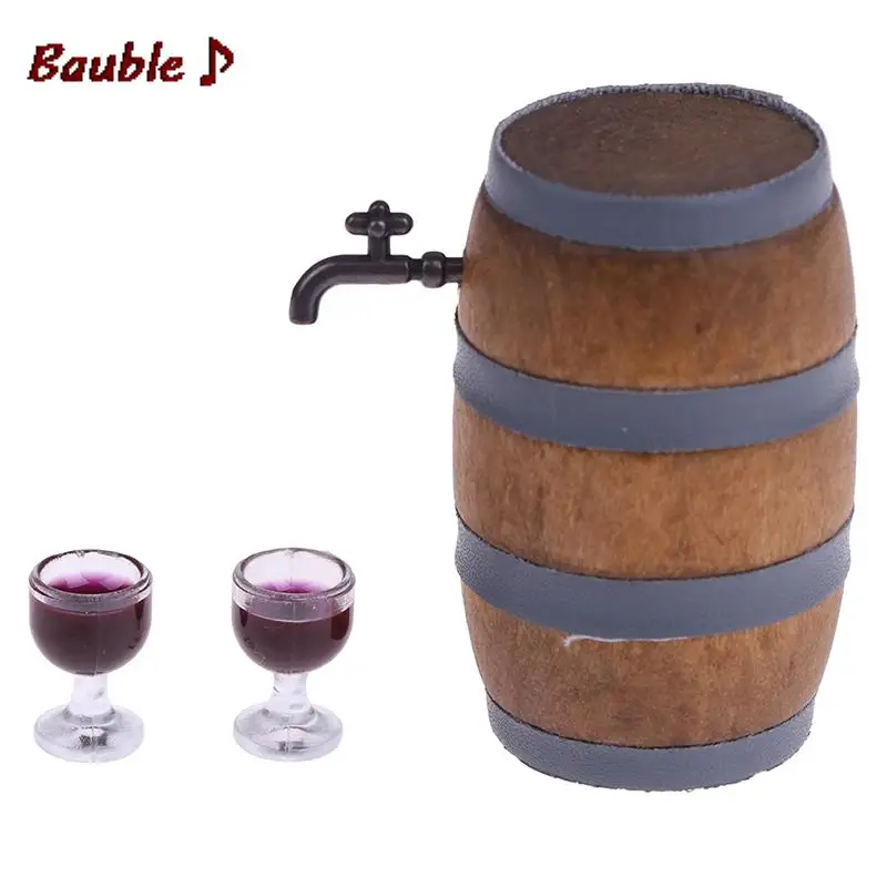 1:12 Miniature Wine Beer Barrel Cask Keg and Glass Set for Dolls House DecorationScale Dollhouse Accessories |