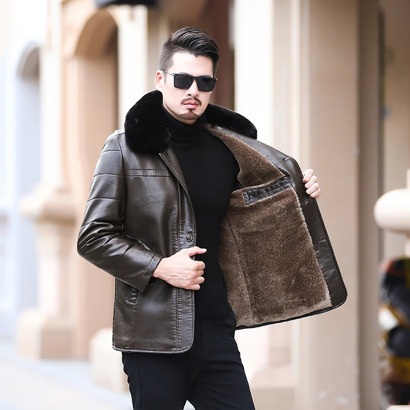 Новое пальто из овчины размера плюс 6XL, мужская куртка из натуральной кожи, Высококачественная кожаная куртка с воротником из меха енота