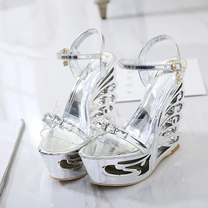 

2020 summer high heel slope heel women's sandals high heel waterproof platform transparent band diamond fish mouth one line show