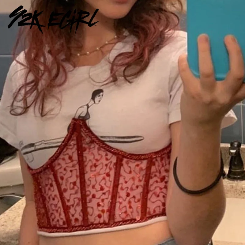 

Y2K EGIRL 2000s Fashion Sequins Mesh Harness Corset Belt Vintage Y2K Aesthetics Lace-up Cropped Red Corset Tops Party Outfits