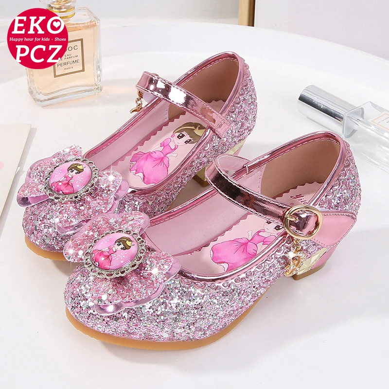 

Розовые туфли для принцесс EKOPCZ для девочек, новинка 2022, Детские блестящие туфли на высоком каблуке и платформе с бантом для свадебной вечери...