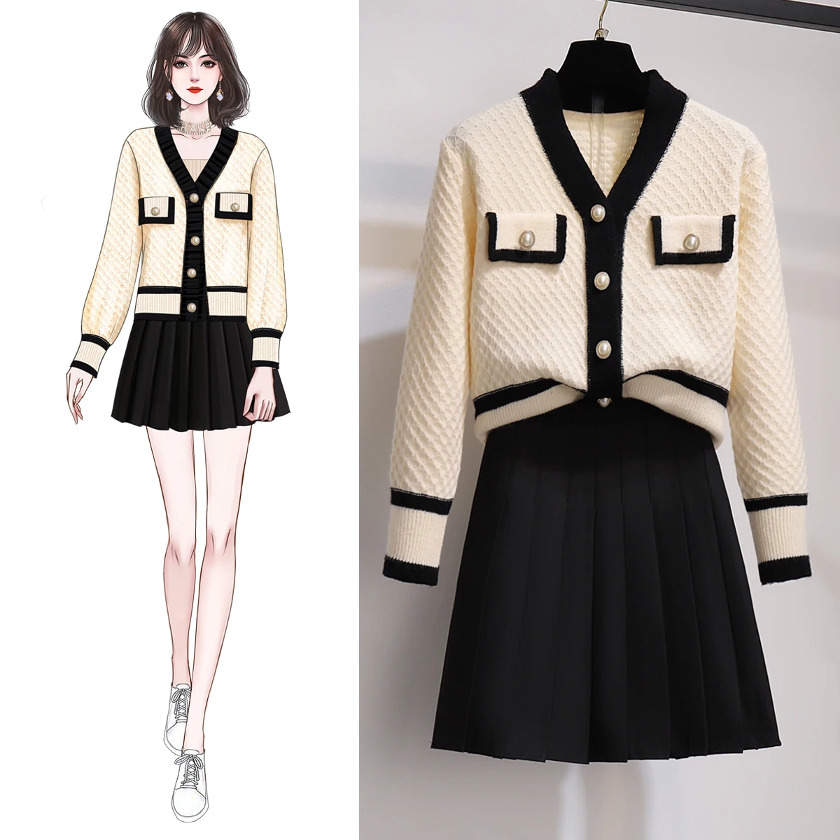 

Women 2022 Autumn Winter New Casual 2 Piece Sets Female V-neck Knitted Cardigan Coats Ladies Pleated Short Skirts Suits A275