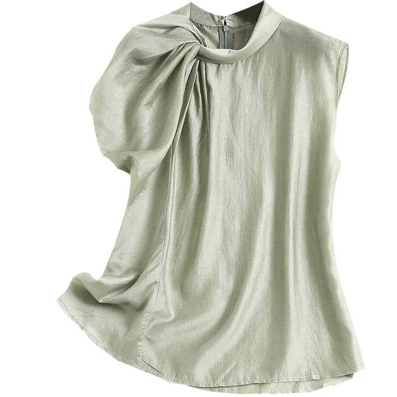 

Korean Stand Collar Ruched Women Blouse Sleeveless Irregular Solid Shirt Female Spring 2020 Fashion Clothes New
