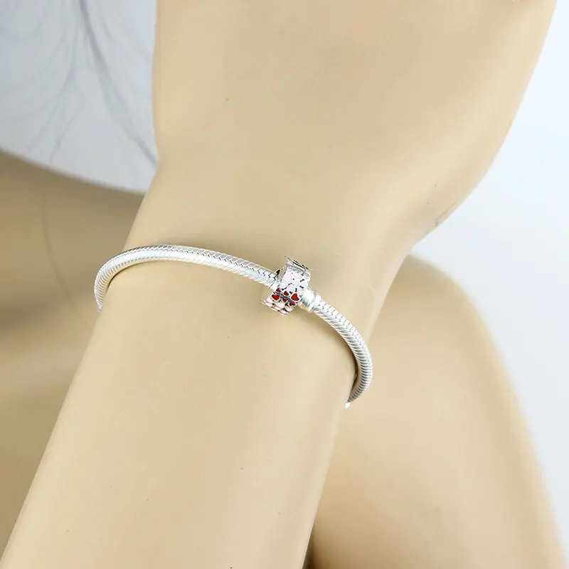 925 пробы серебро Проложить Розовое эмалированное сердце бисера стопор клип Fit