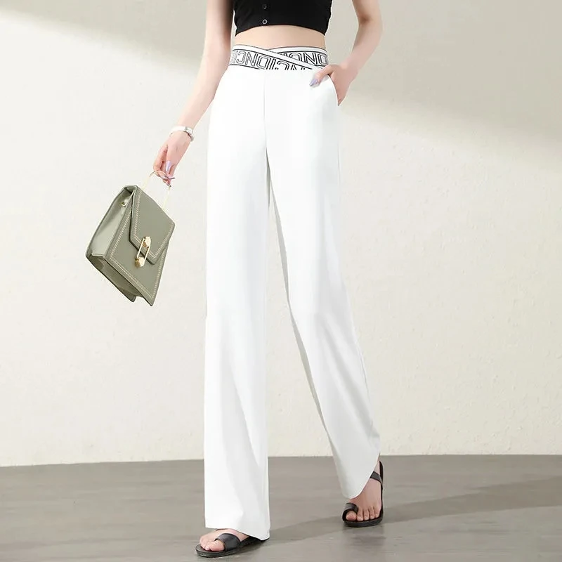 

White Chiffon Wide Leg Pant Women 2021 Summer Thin Letter Elastic Waist Straight Long Pants Streetwear Loose High Waist Trousers