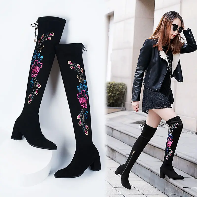 

Autumn And Winter New High Boots Fashion Over-the-Knee Flock Embroider Zip Pointed Toe Med (3cm-5cm) Square Heel Plus Velvet