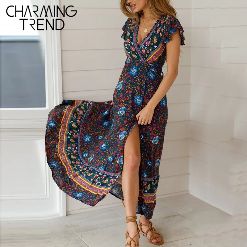 Женское длинное платье в богемном стиле с v образным вырезом и поясом Пляжное