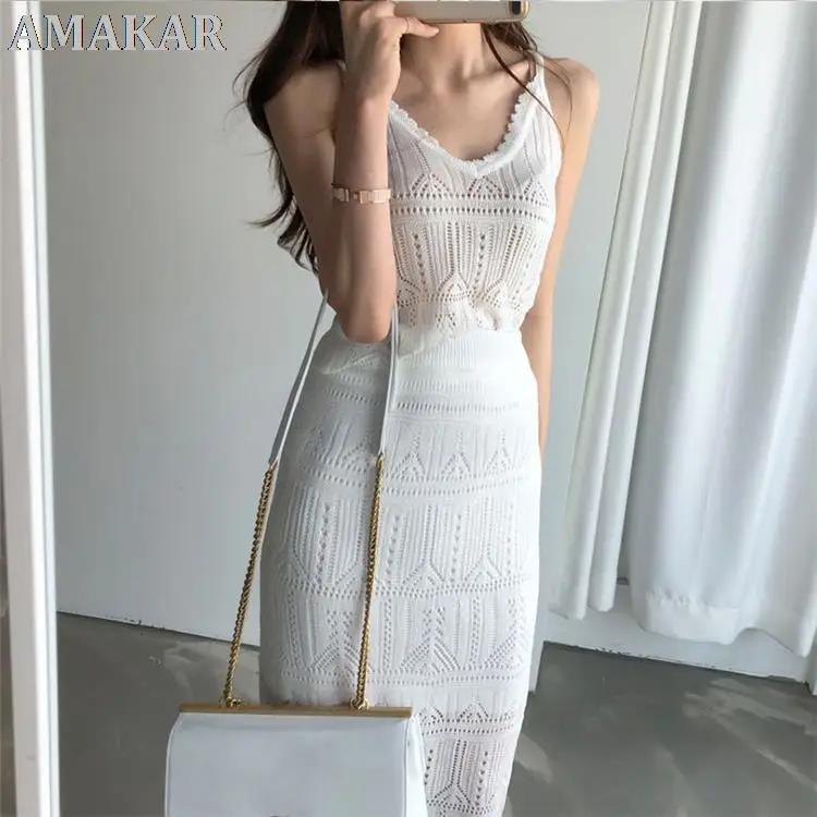 

2021 New Spring Summer Woman 2 Piece Sets Vest Matching Long Skirt High Waist Knitted Hollow Out Elegant Suits WS3102
