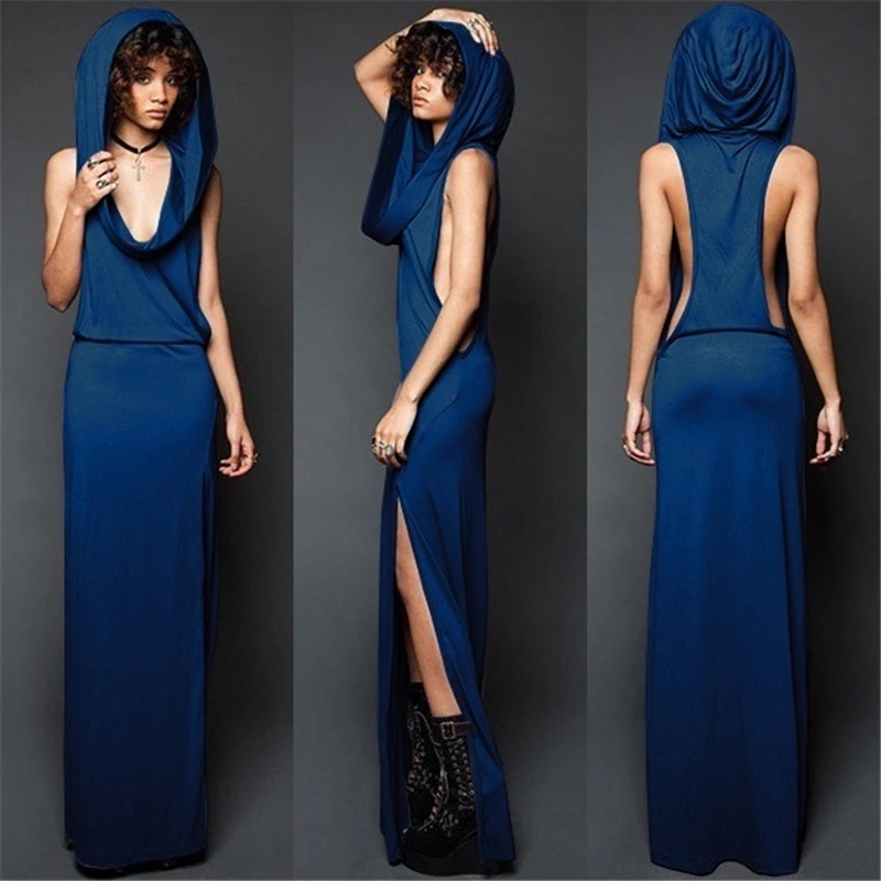 Imily Bela Vintage Hooded Maxi Dress Women Sexy Sleeveless Side Slit Split Bodycon Long Dress Femme Rome Open Side Vestidos