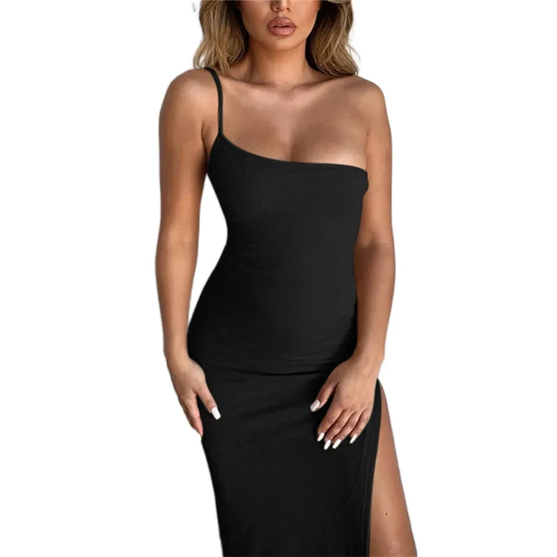 

Women Sexy Summer One-shoulder Bodycon Dress Fashion High Split Ribbed Vestidos Party Club Sling Straps Backless Stretch Dress