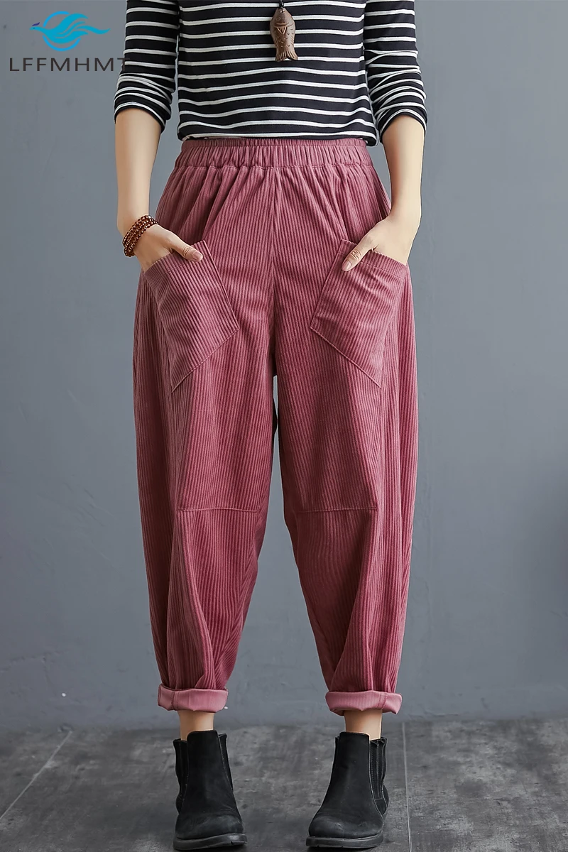 

Women Winter Fall New Fashion Vintage Solid Color Corduroy Pant Office Lady Casual Loose Wild Elastic Waist Harem Trouser Female
