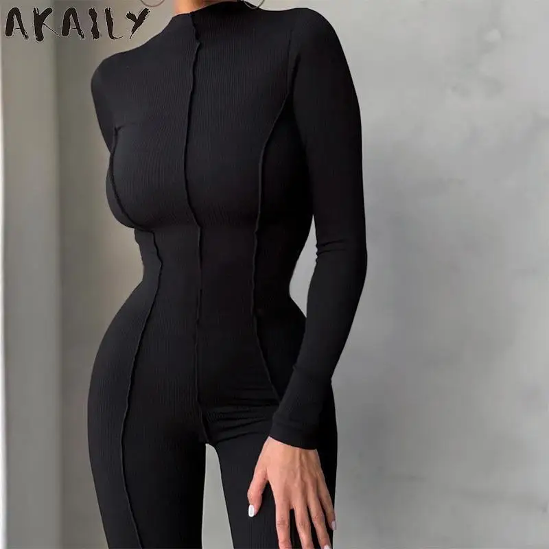 Akaily Autumn White Ribbed Jumpsuit Streetwear One Piece Outfits For Women 2021 Black O Neck Long Sleeve Bodycon Jumpsuiy Ladies