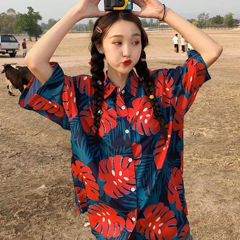 Women Button Loose Blouses Floral Summer Casual Cartoon Print Shirts Turn-down Collar Vintage Tops 2020 1