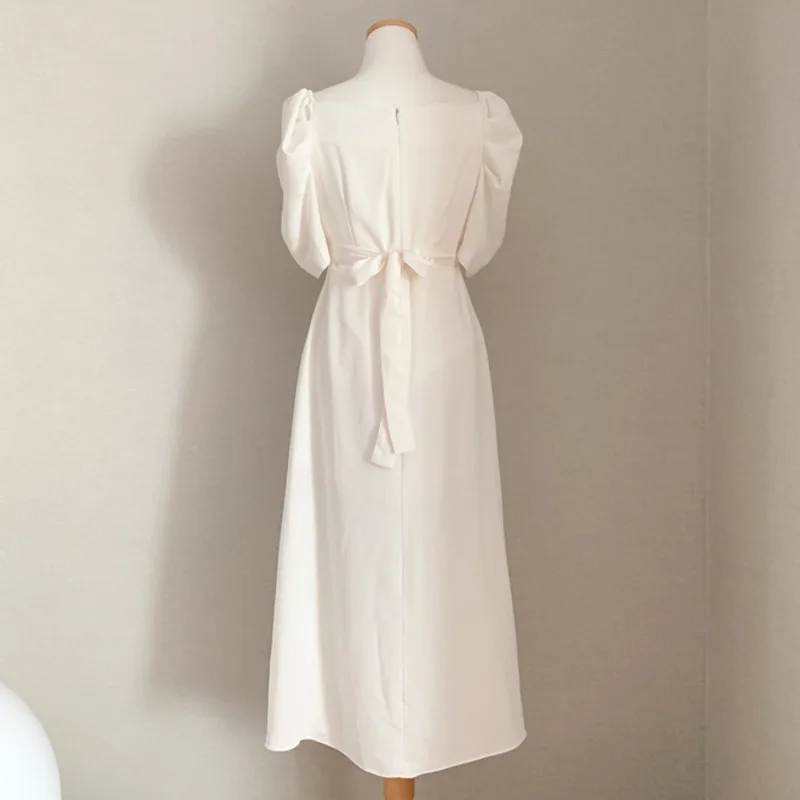

French Elegant Women Dress Korean OL Chic V Neck Puff Sleeve Summer Solid Female Chiffon Slim Long Dresses Vestidos