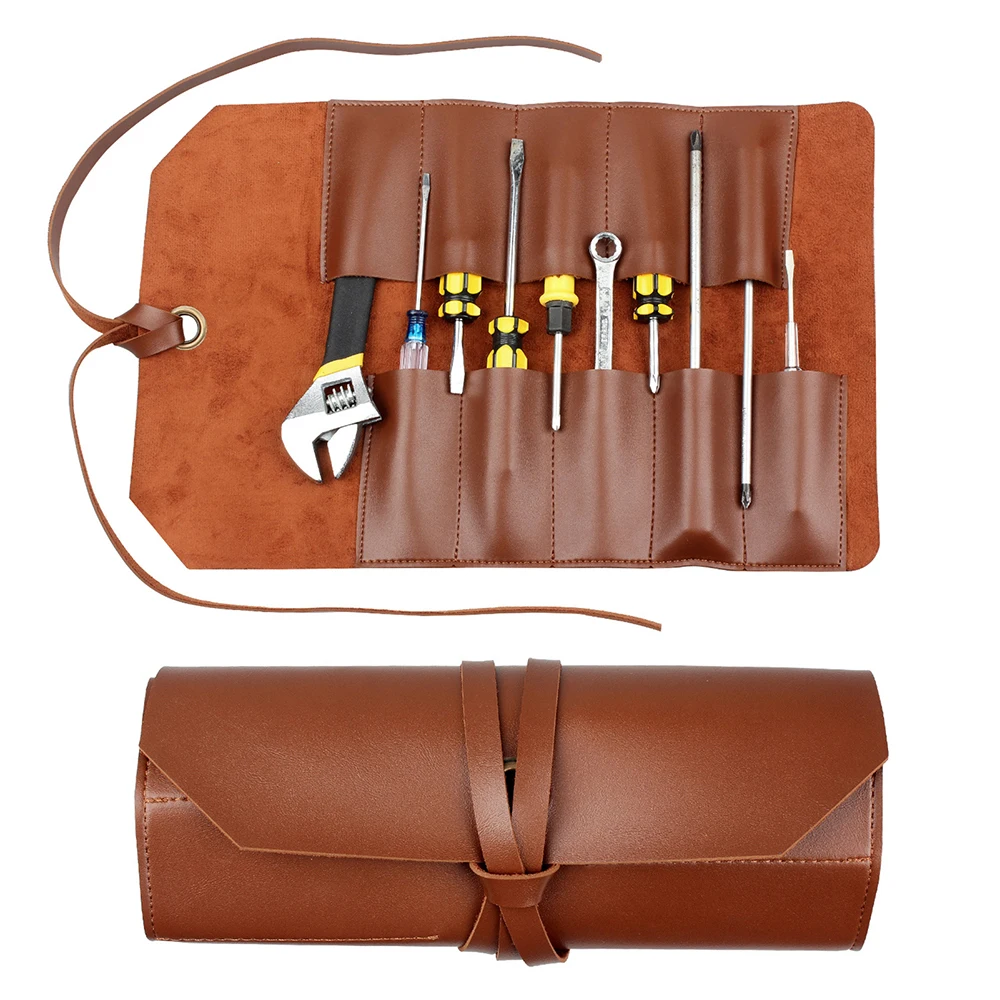 

Roll-up Tool Bag, Multi-Purpose Leather Tool Roll Pouch Tool Organizer Carrier Bag for Storaging Wrenches, Pliers, Screwdrivers