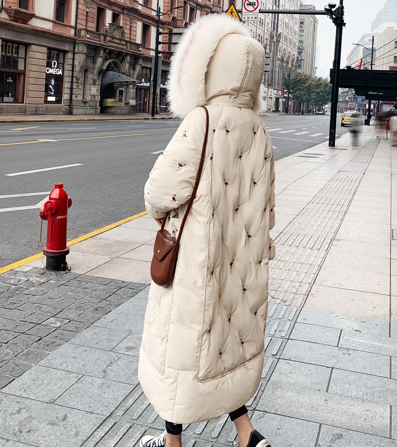Длинное зимнее женское пуховое пальто утолщенное женское пуховое пальто с капюшоном с меховым воротником пальто оверсайз длинное женское