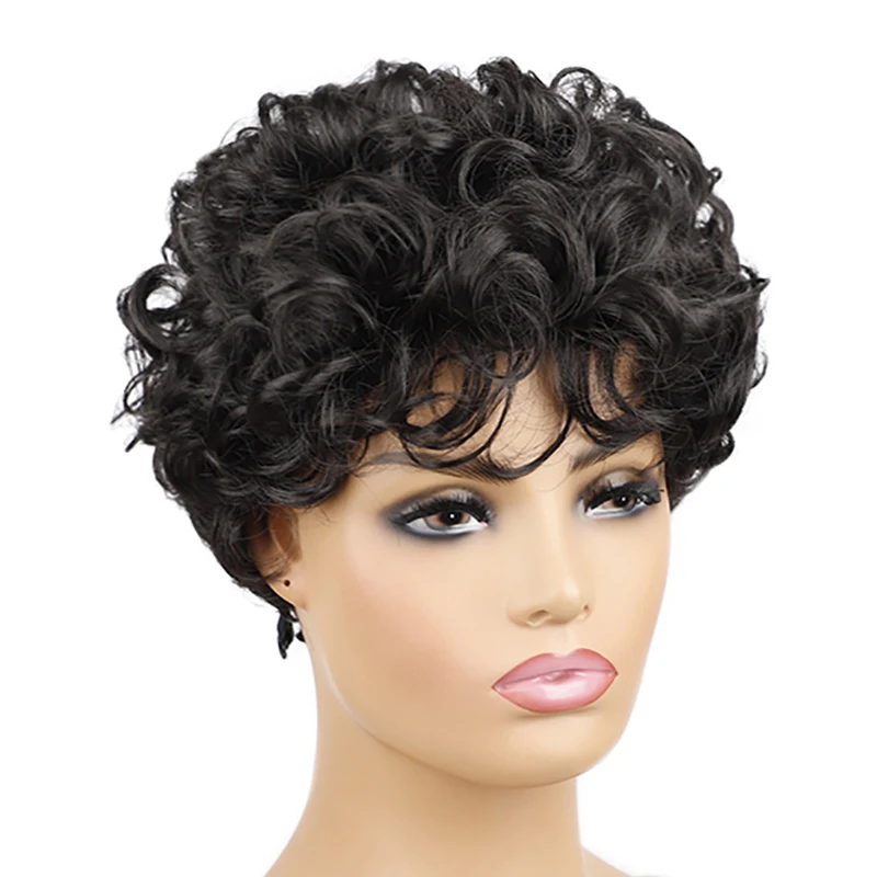 

Short Curly Wig Synthetic High Temperature Fiber Natural Black Afro Curly Wigs For Women Loose Curly Pixie Cut Full Wig