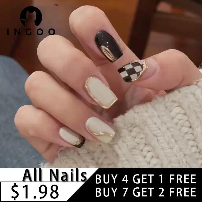 

24 шт. носимые накладные ногти Асимметричные шахматные золотые линии полное покрытие накладные ногти съемные ногти для дизайна ногтей Готов...