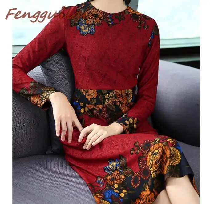 

Vintage Patchwork Dress 2019 Casual Elegant Hollow Out Slim Party Dresses Blue Red Autumn Winter Women Dress Plus Size 4XL