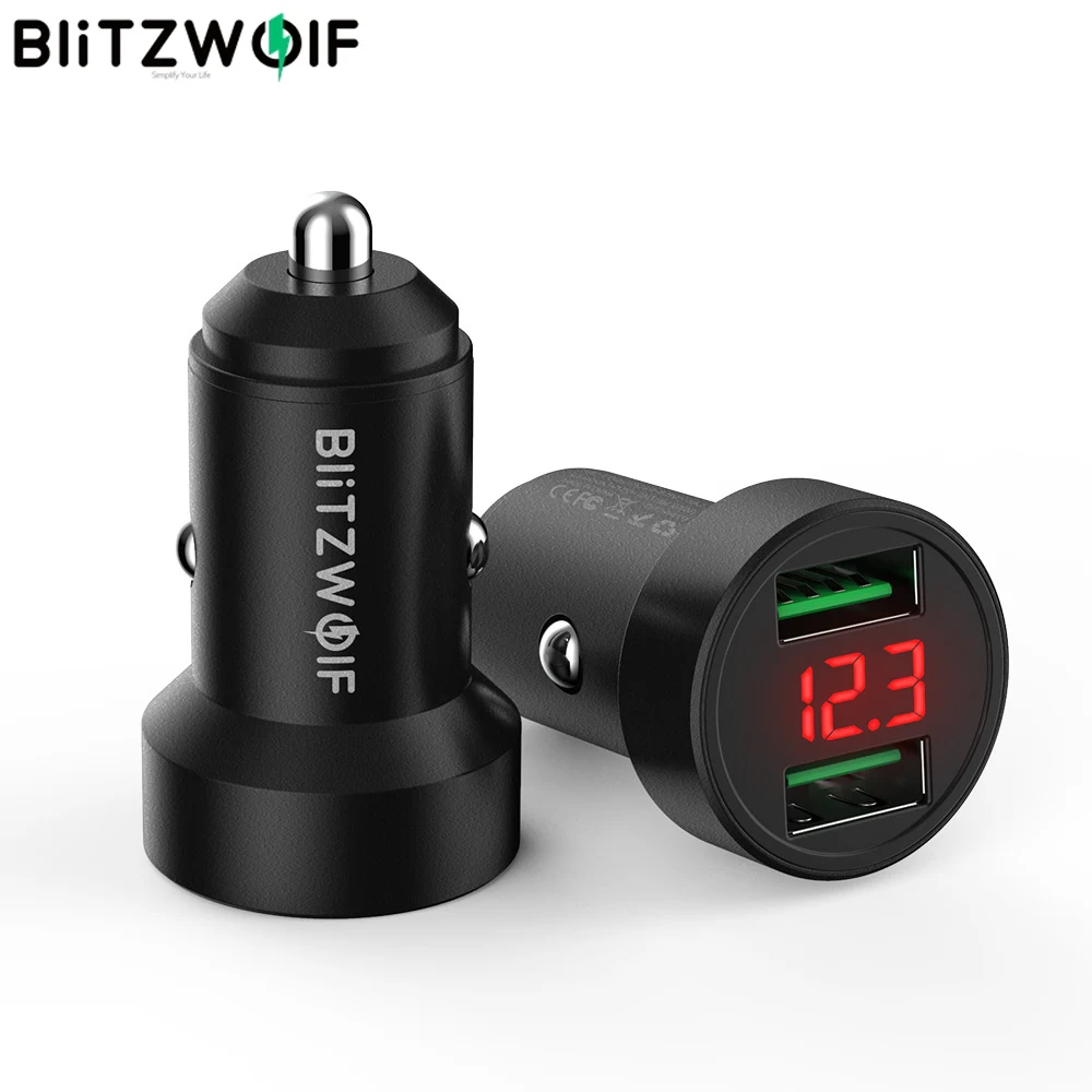 BlitzWolf телефон с цифровым дисплеем 24 Вт QC3.0 двойной USB мини автомобильное зарядное