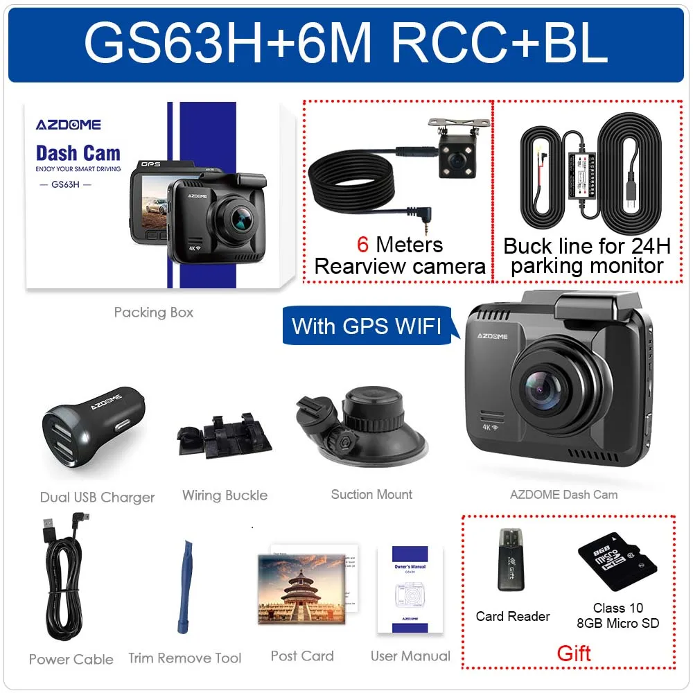 AZDOME GS63H 4K Встроенный gps WiFi Автомобильный видеорегистратор DashCam для транспорта, с двумя объективами 6/10 метров камера заднего вида видеокамера ночного видения - Название цвета: GS63H-6M RCC-BL