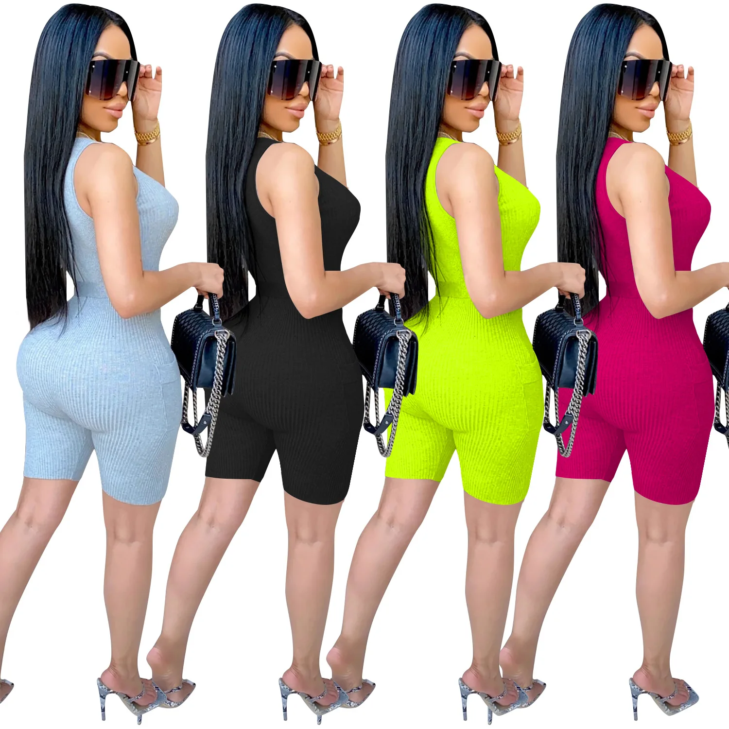 Женский трикотажный комбинезон с круглым вырезом 4 цвета |