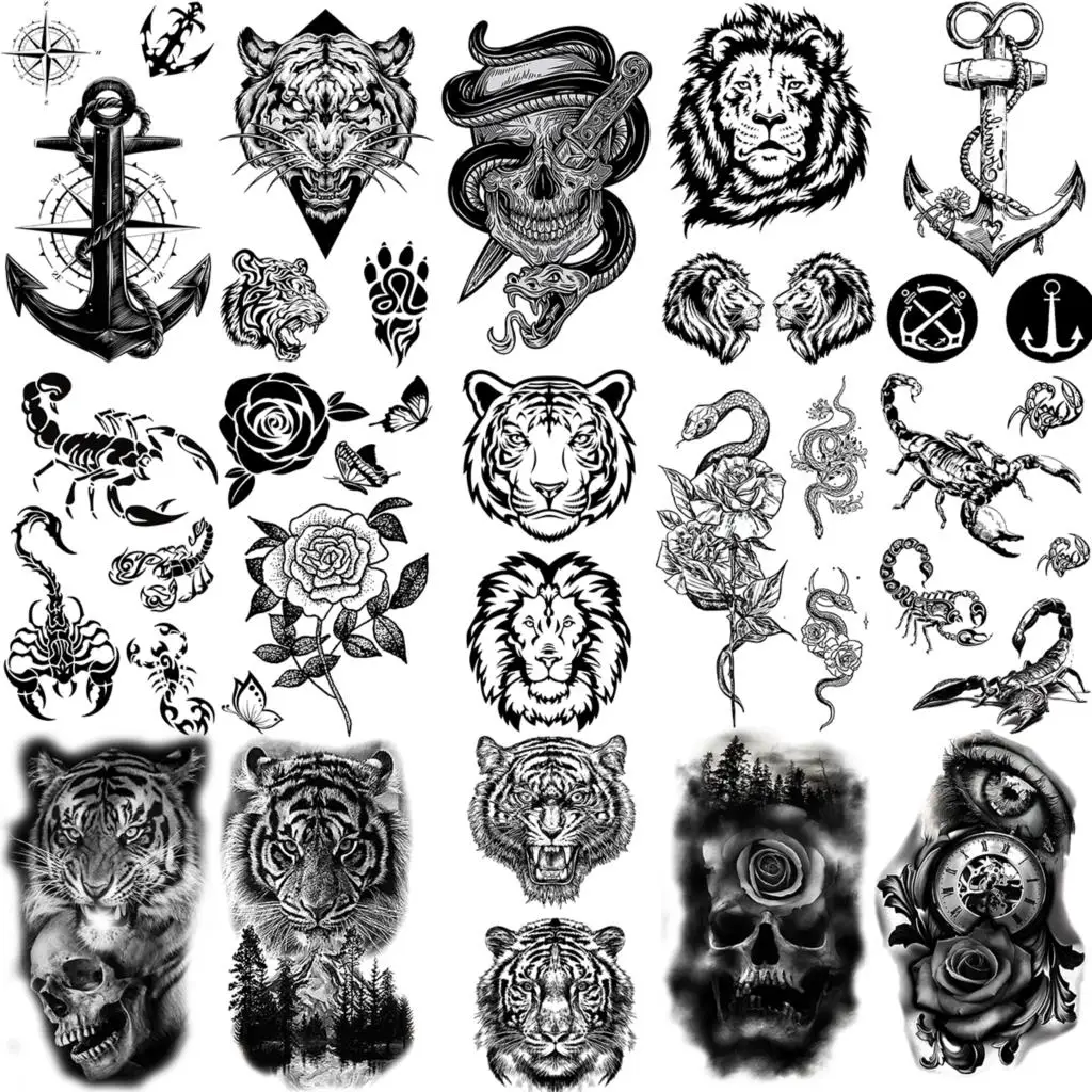 

Tiger Lion Skull Snake Temporary Tattoos For Women Adult Men Scorpion Anchor Rose Flower Fake Tattoo Neck Arm Hands Small Tatoos