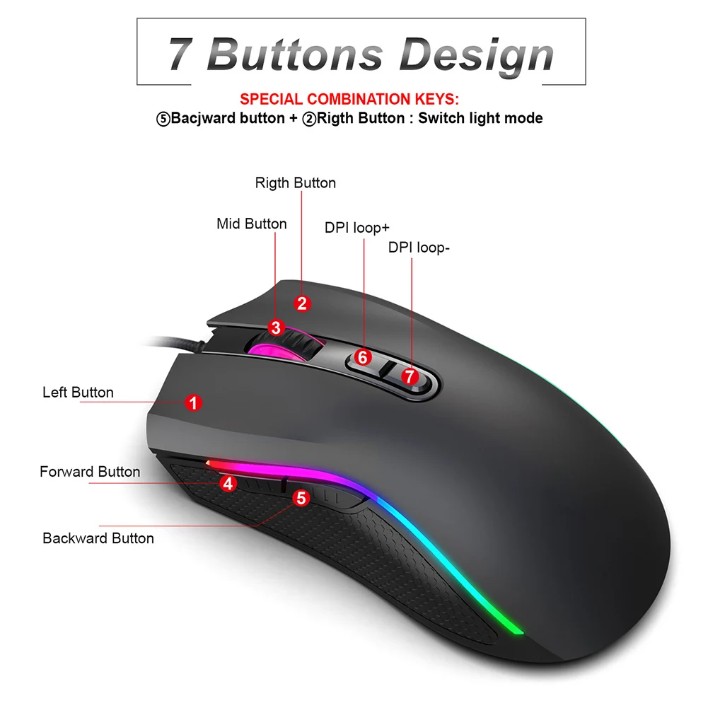 wired mouse 6 adjustable dpi 7 key macro programming rgb light office pc game mice vdx99 free global shipping