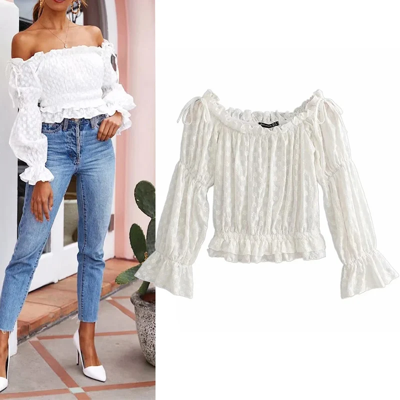 

WESAY JESI 2021 Summer New Women's Top Solid Color Strapless Long Sleeve Lantern Sleeve Short Top Retro Fashion Temperament Top