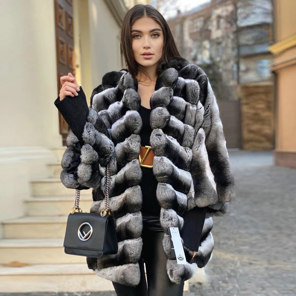 Mid-length Natural Rex Rabbit Fur Jacket Women 2022 Winter Fur Overcoat Luxury Genuine Rex Rabbit Fur Coat with Turn-down Collar