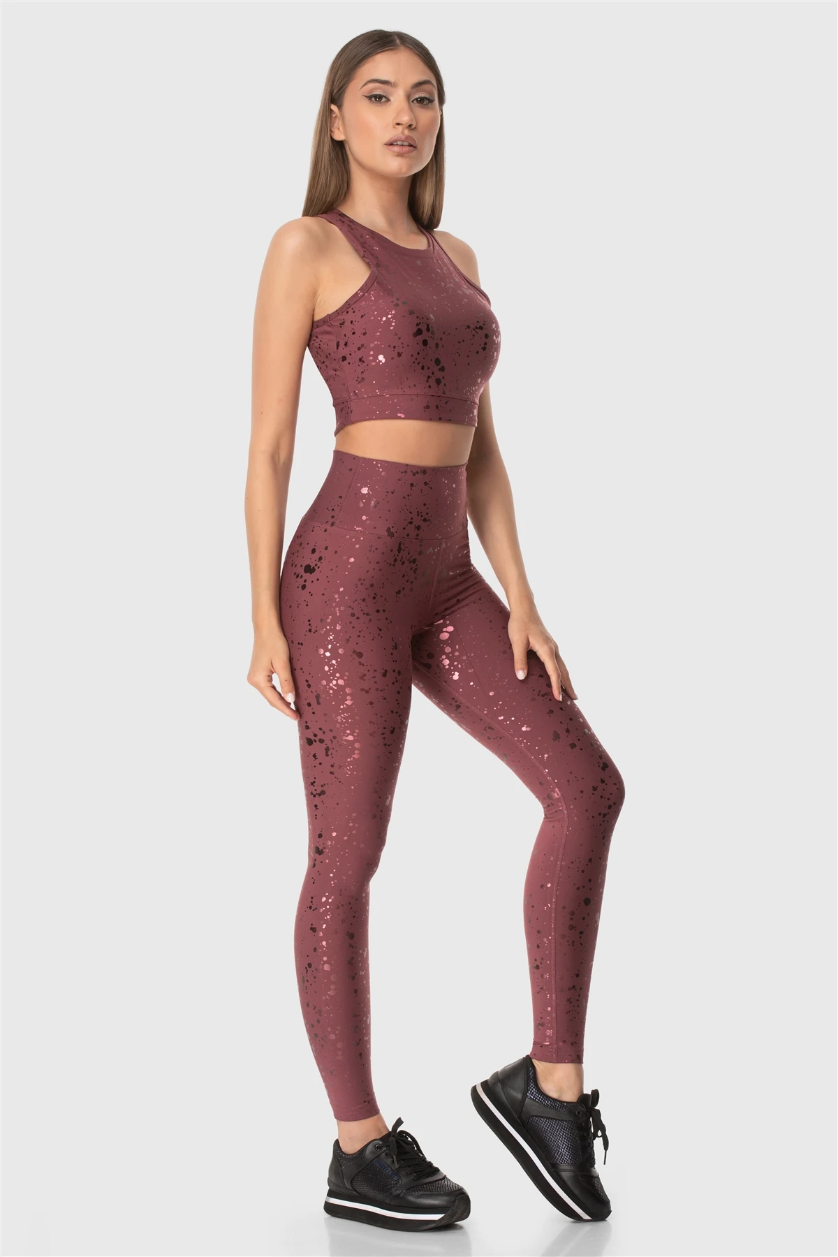 Superstacy High Waist Patterned Burgundy Sports Leggings