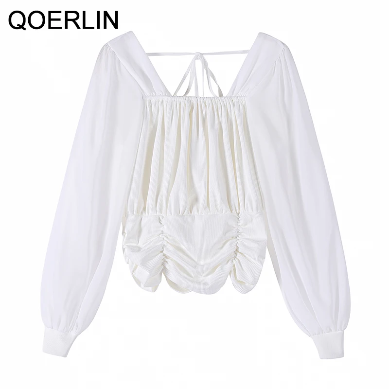 

QOERLIN 2021 Spring Summer New Bubble Sleeve Square Neck Short Chic Blouse Women Backless Tie-up Top Shirts Female Plus Size