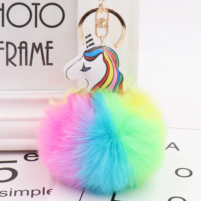 

Fur plush Unicorn Key Chain Fluffy Artificial Rabbit Hair Keychain Porte Pompon Leather Car Bag Accessories Women Keyring Gift