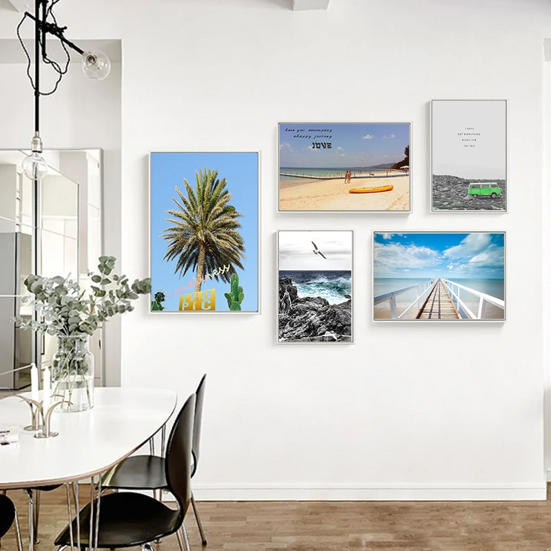 Пейзаж океана холст Постер в скандинавском стиле пляж Зеленый автобус Настенная