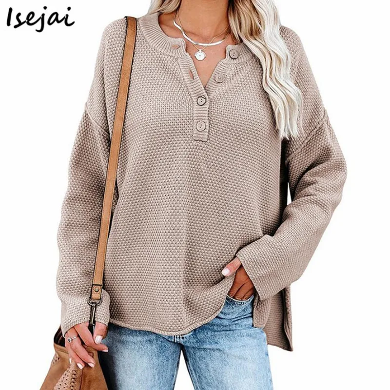 

Button Knitting Oversized Sweater Womens Autumn Long Sleeve Pollovers Ladies Jumper Top 2021